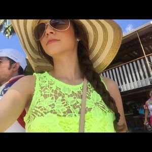 Highlighter green yellow lace crochet top